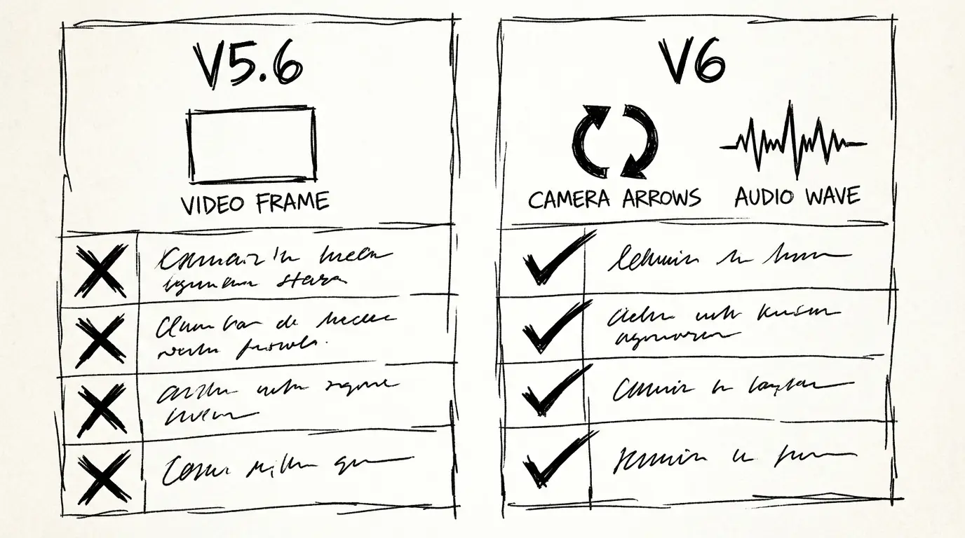 Comparación de características de PixVerse V6 vs V5.6